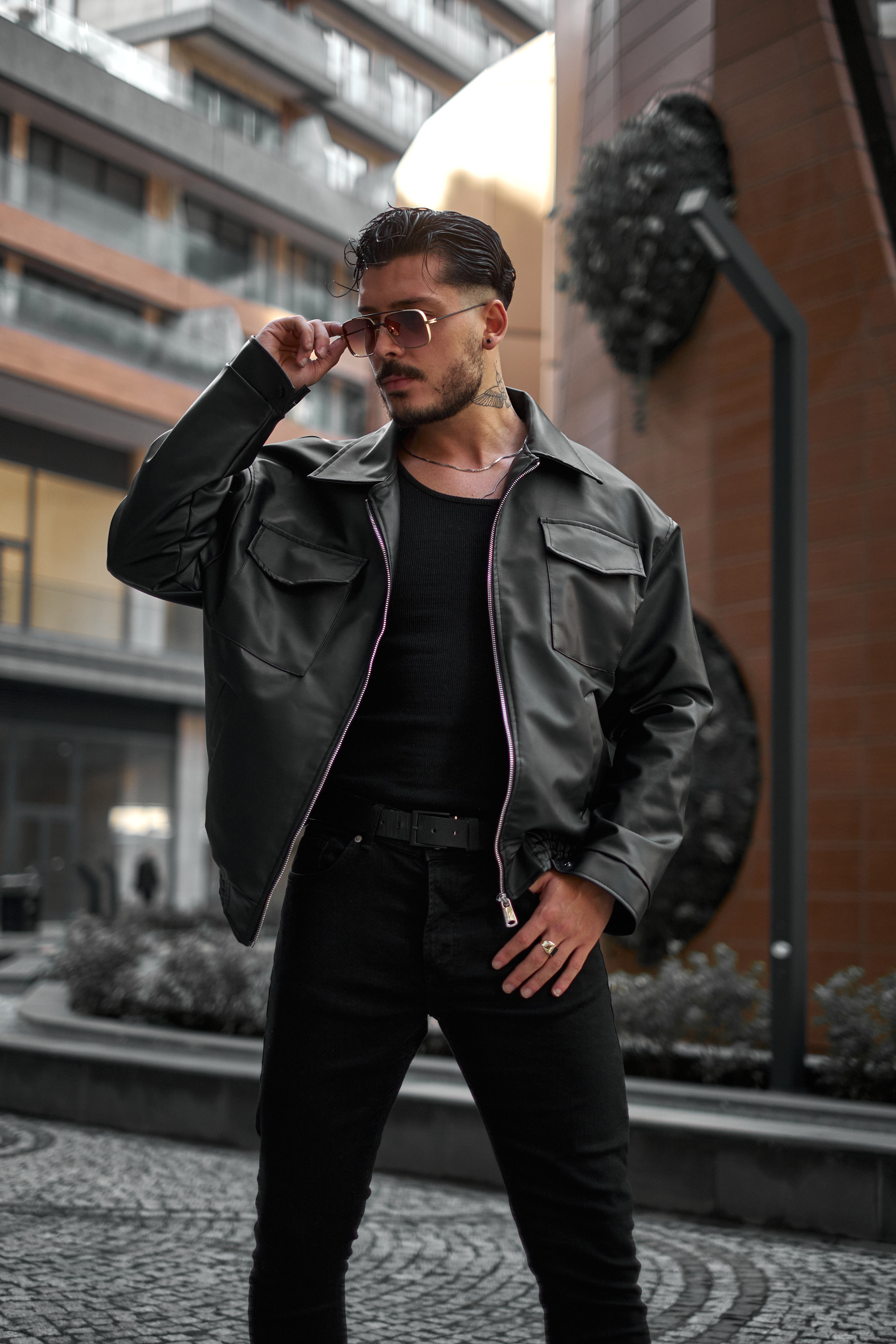 Çift Kapak Cepli Oversize Deri Ceket Siyah