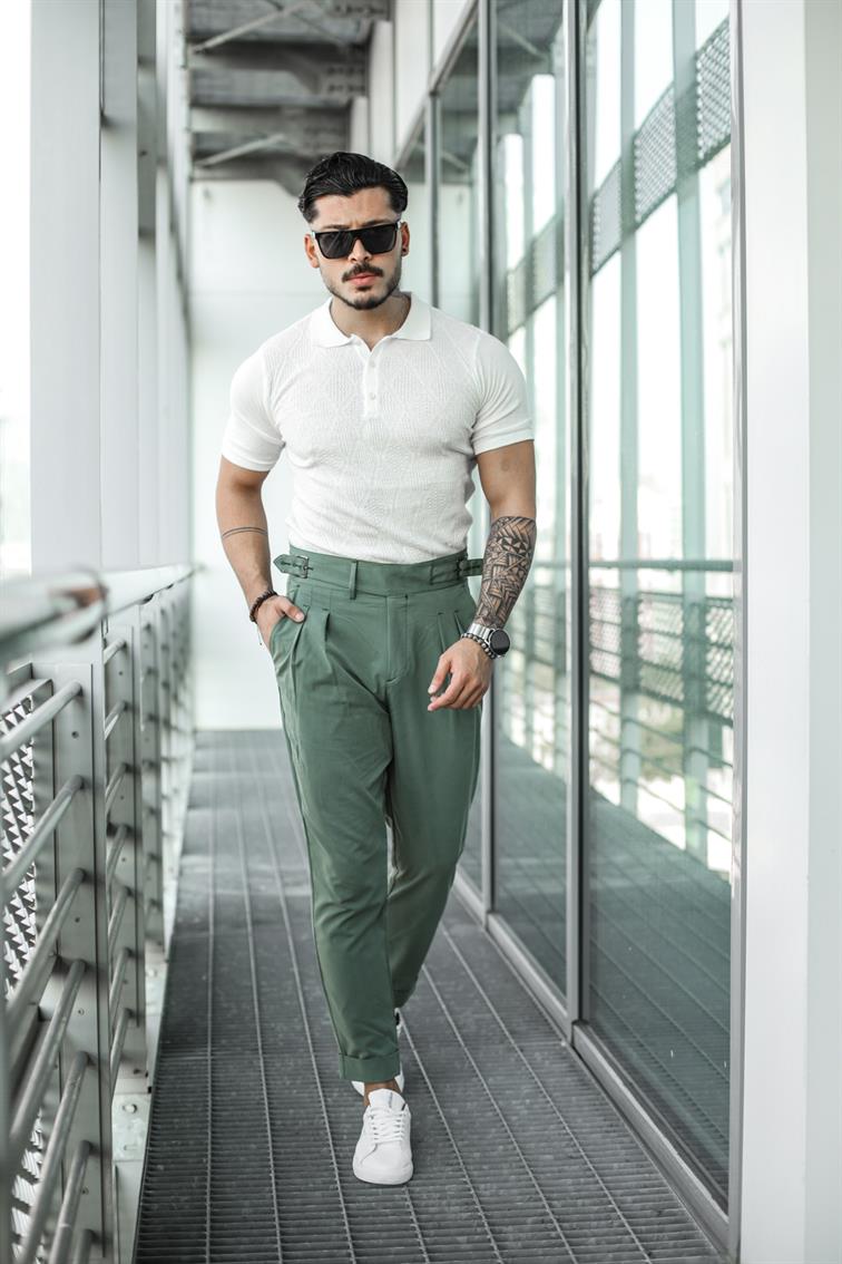 Çift Kemerli Double Paça Pantolon Zümrüt Yeşili