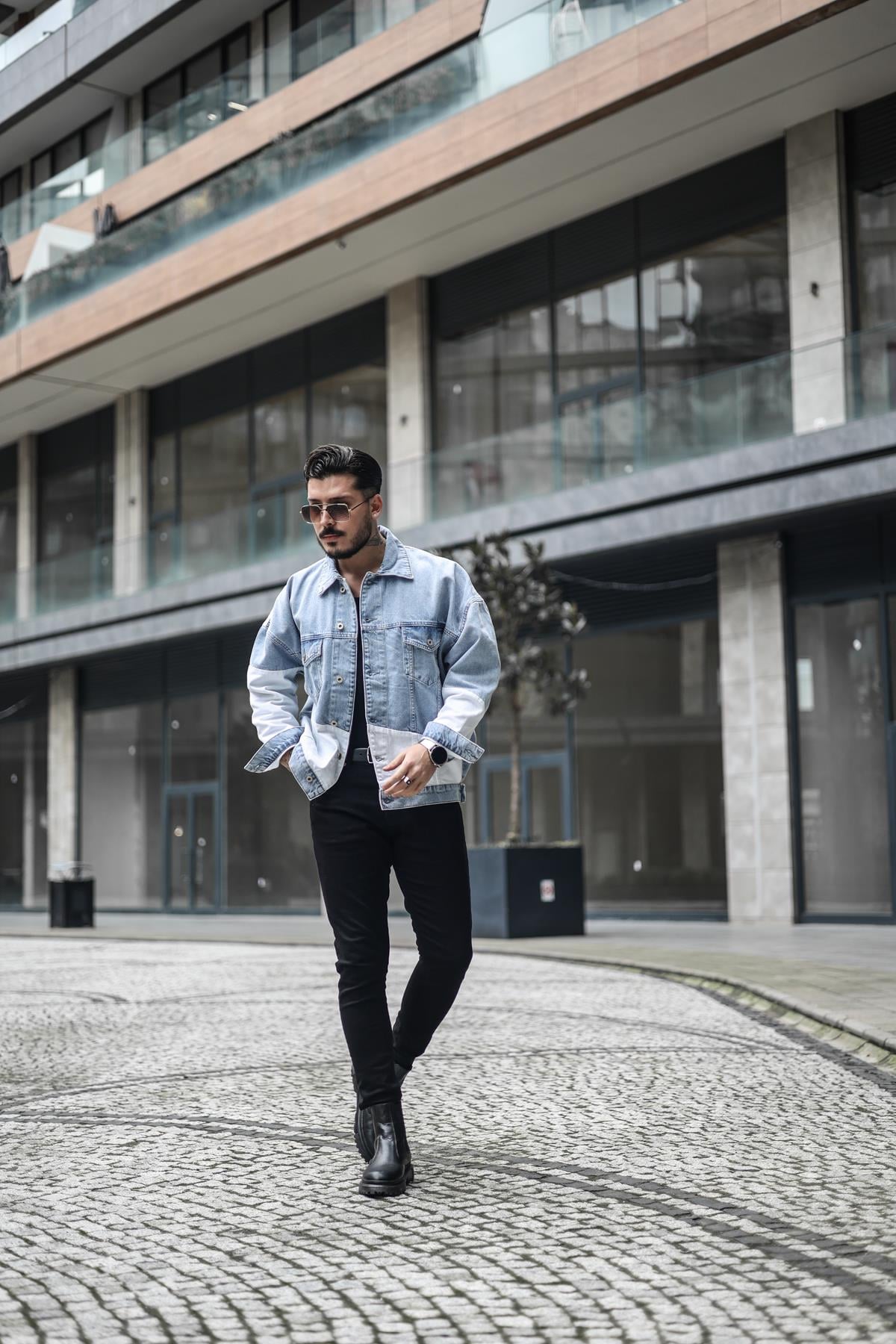 Çift Renk Denim Ceket Mavi-Beyaz