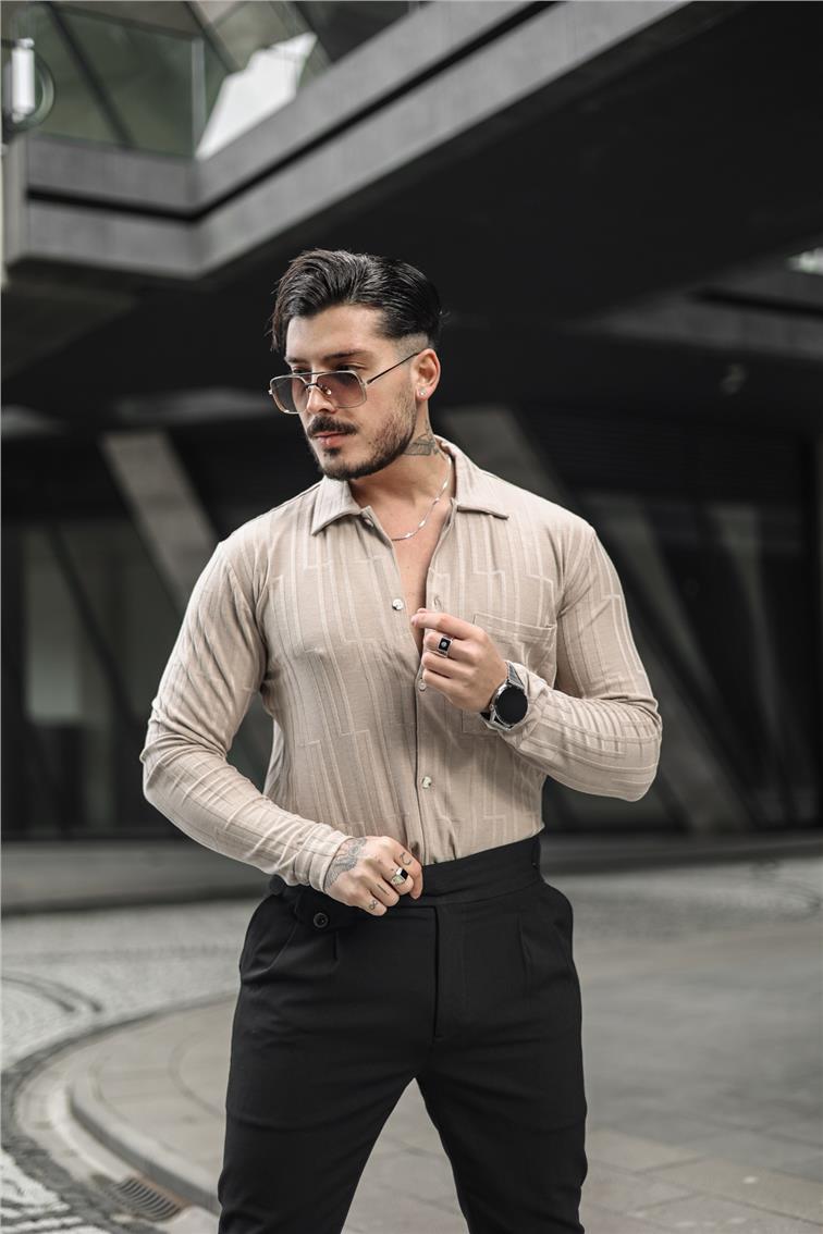 Çizgi İşlemeli Gömlek Bej