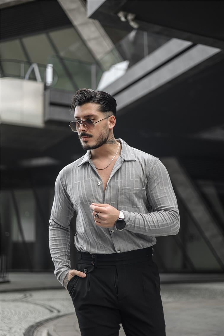 Çizgi İşlemeli Gömlek Gri