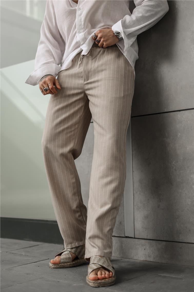 Çizgili Baggy Pantolon Bej