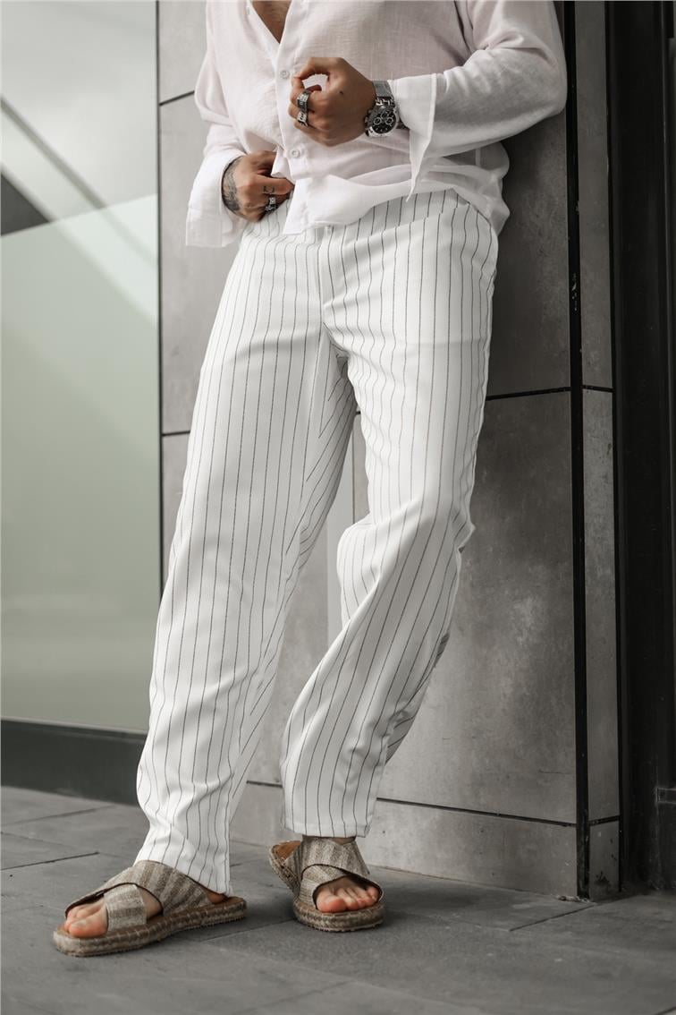 Çizgili Baggy Pantolon Beyaz