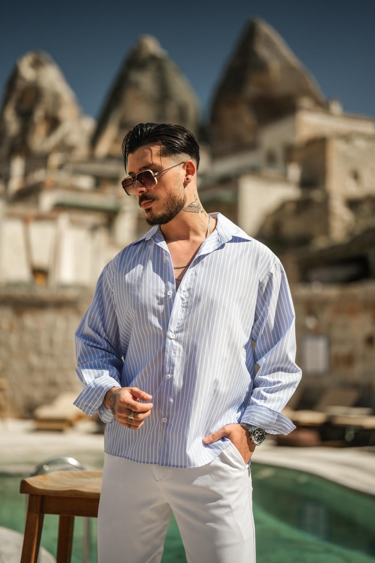 Çizgili Basic Oversize Gömlek Açık Mavi
