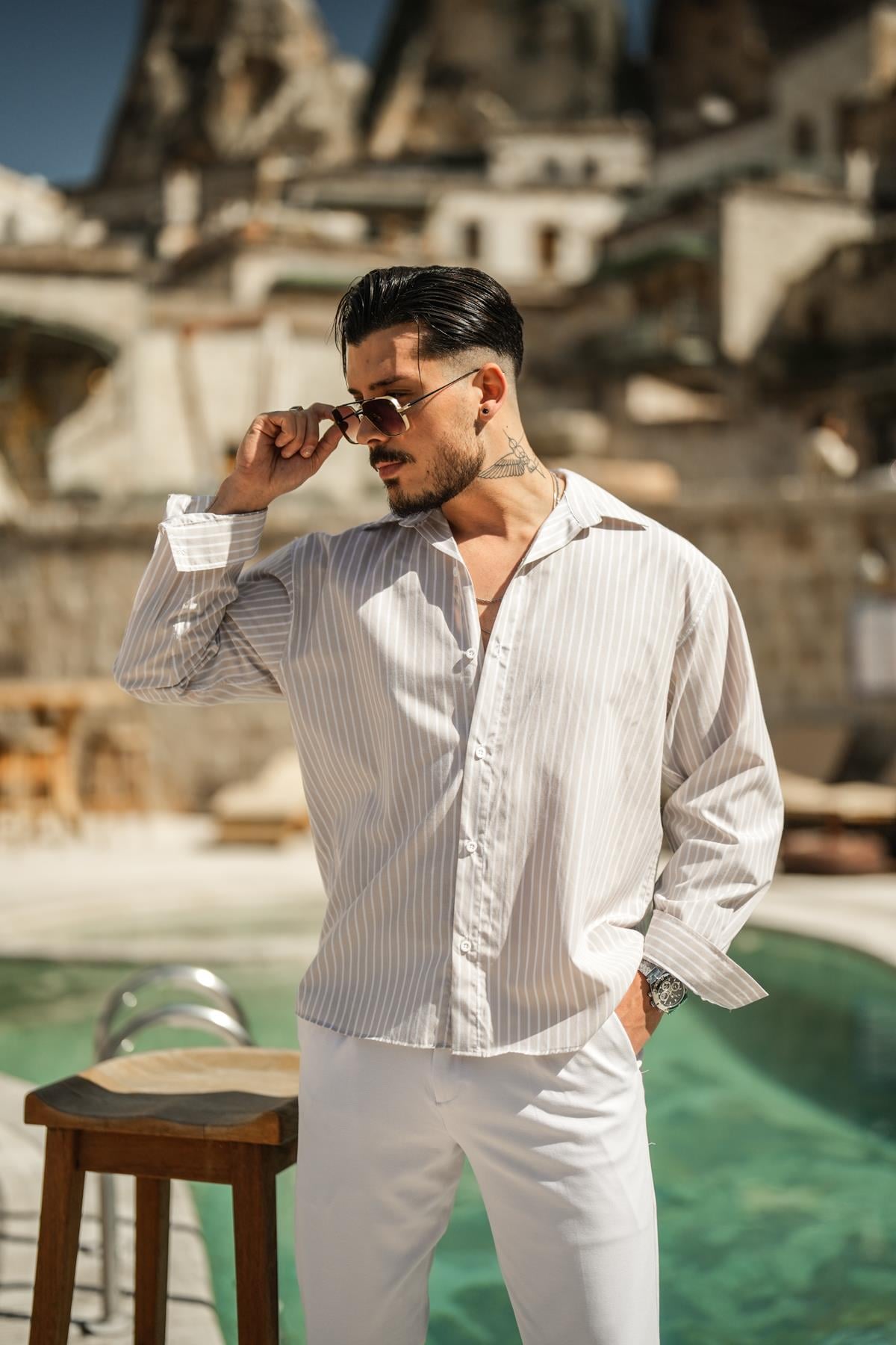 Çizgili Basic Oversize Gömlek Bej