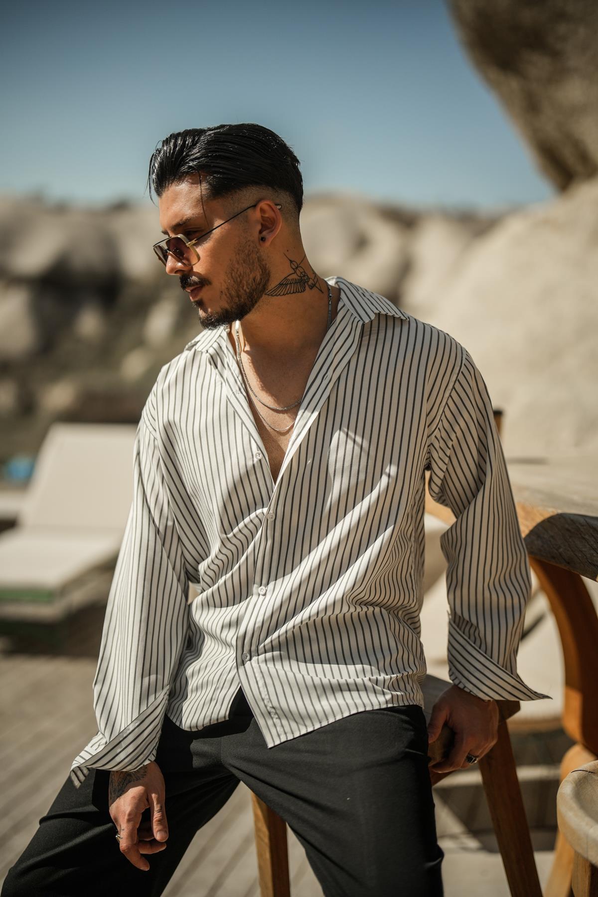 Çizgili Basic Oversize Gömlek Beyaz