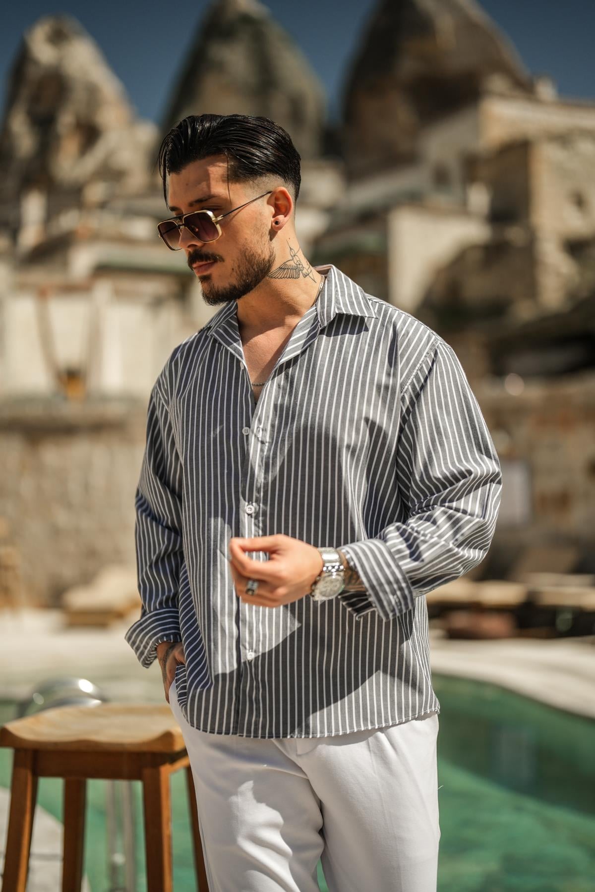 Çizgili Basic Oversize Gömlek Gri