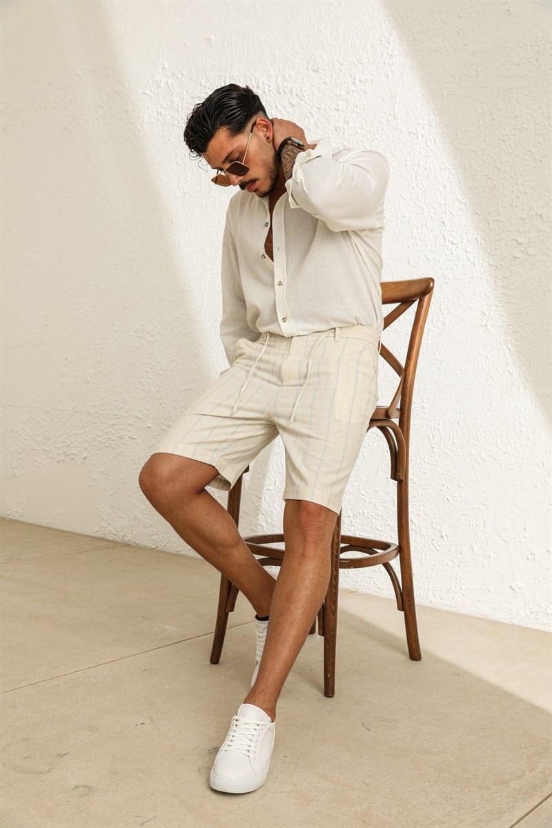 Çizgili Bel Bağlamalı Keten Şort