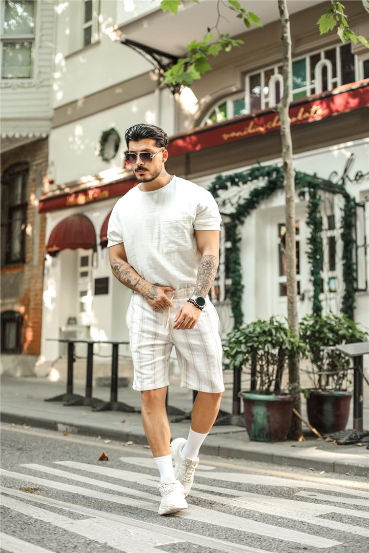 Çizgili Bel Bağlamalı Keten Şort Kahve
