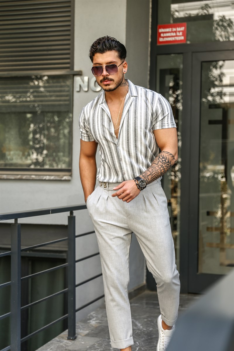 Çizgili Fit Kısa Kol Gömlek