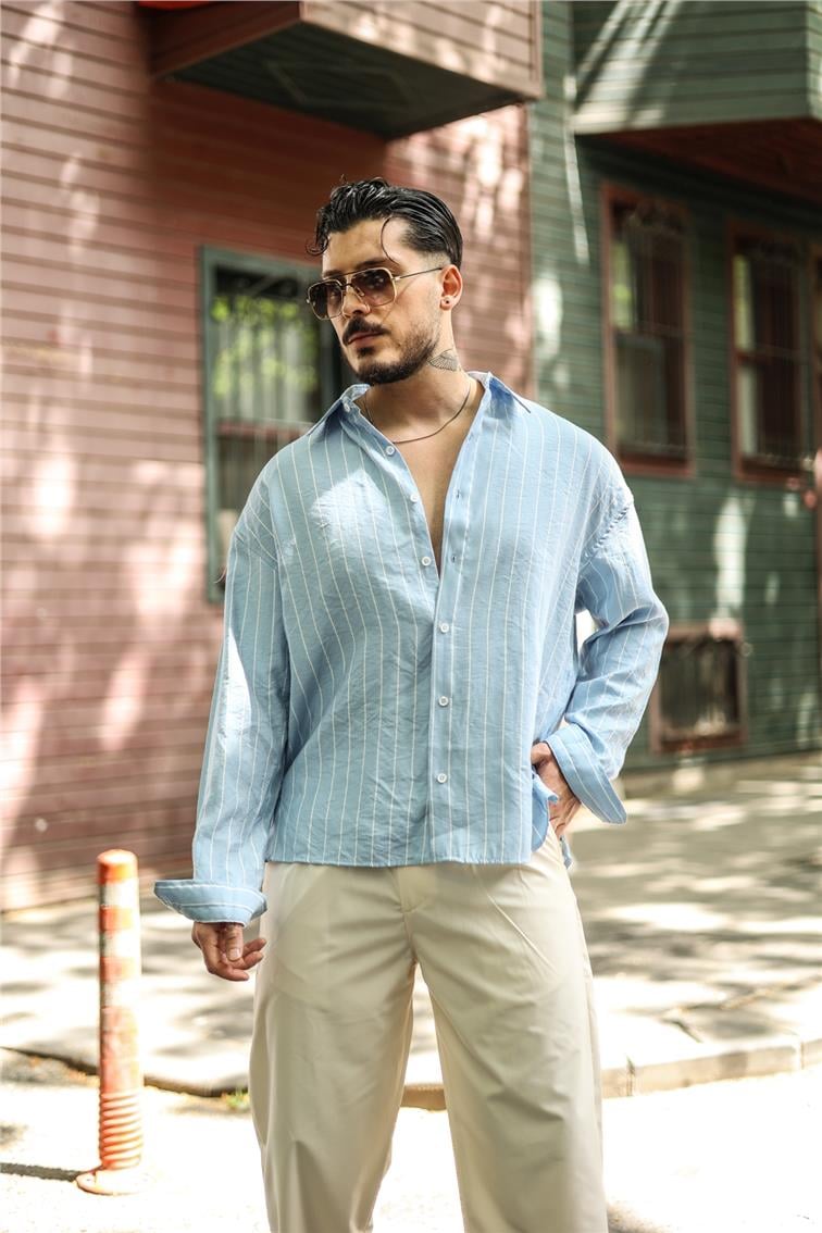 Çizgili İtalyan Oversize Gömlek Açık Mavi