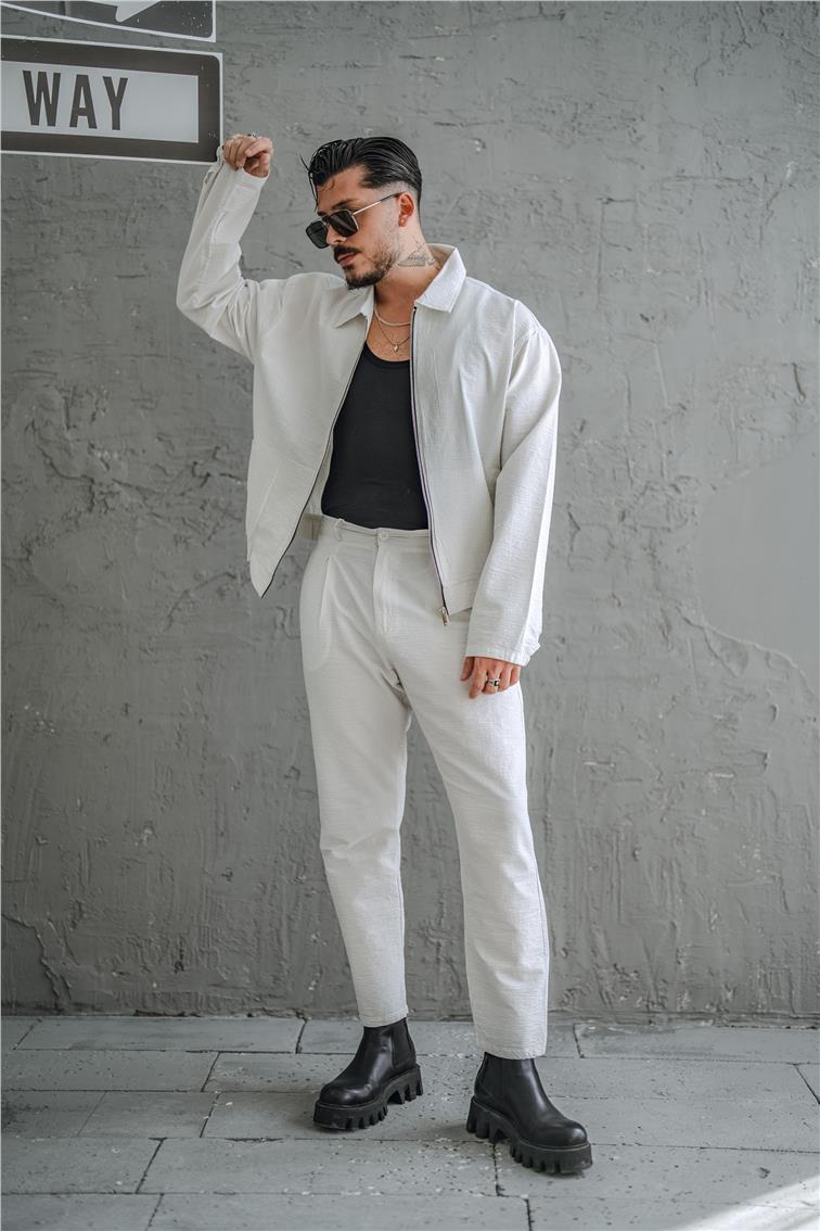 Çizgili Kabartmalı Oversize Takım Beyaz