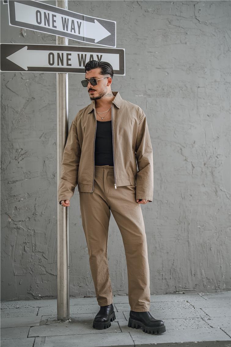 Çizgili Kabartmalı Oversize Takım Kahve