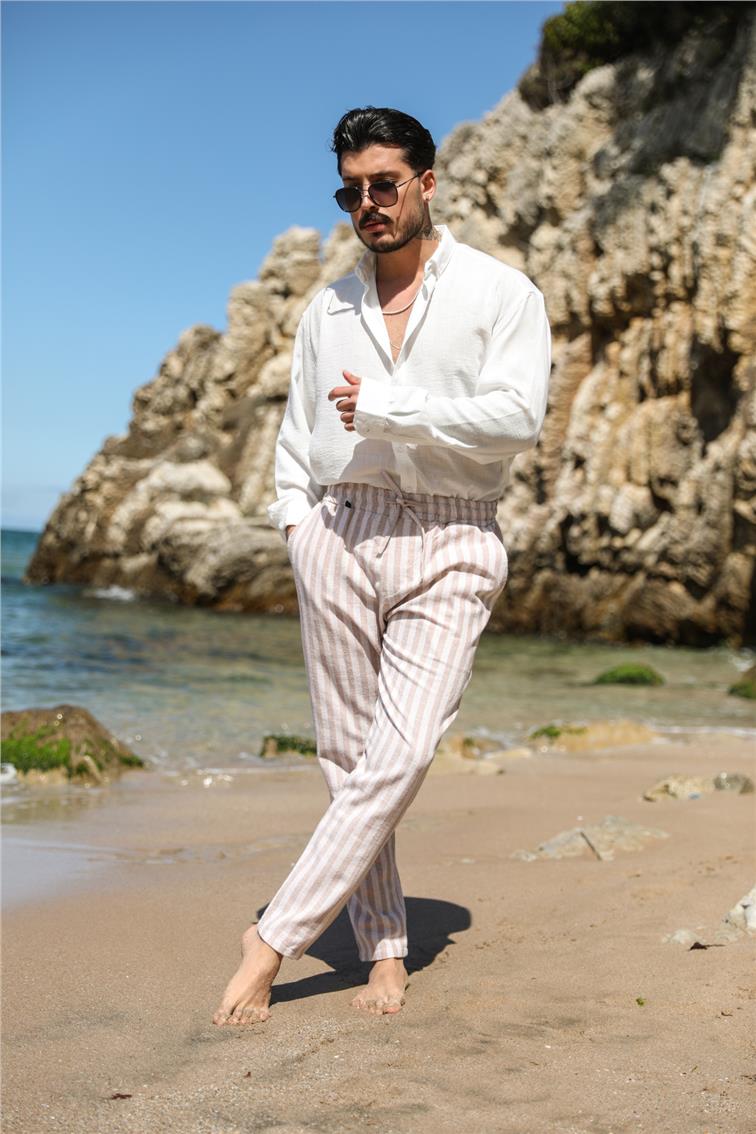 Çizgili Keten Slim Pantolon Bej