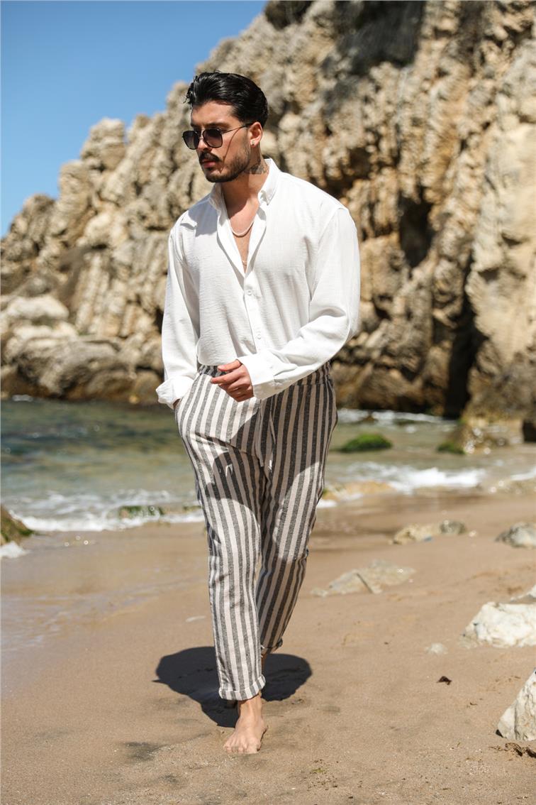 Çizgili Keten Slim Pantolon Siyah