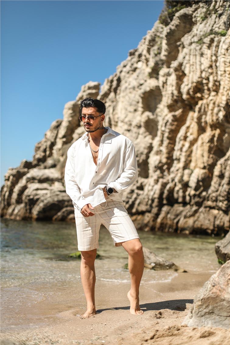 Çizgili Keten Şort Krem