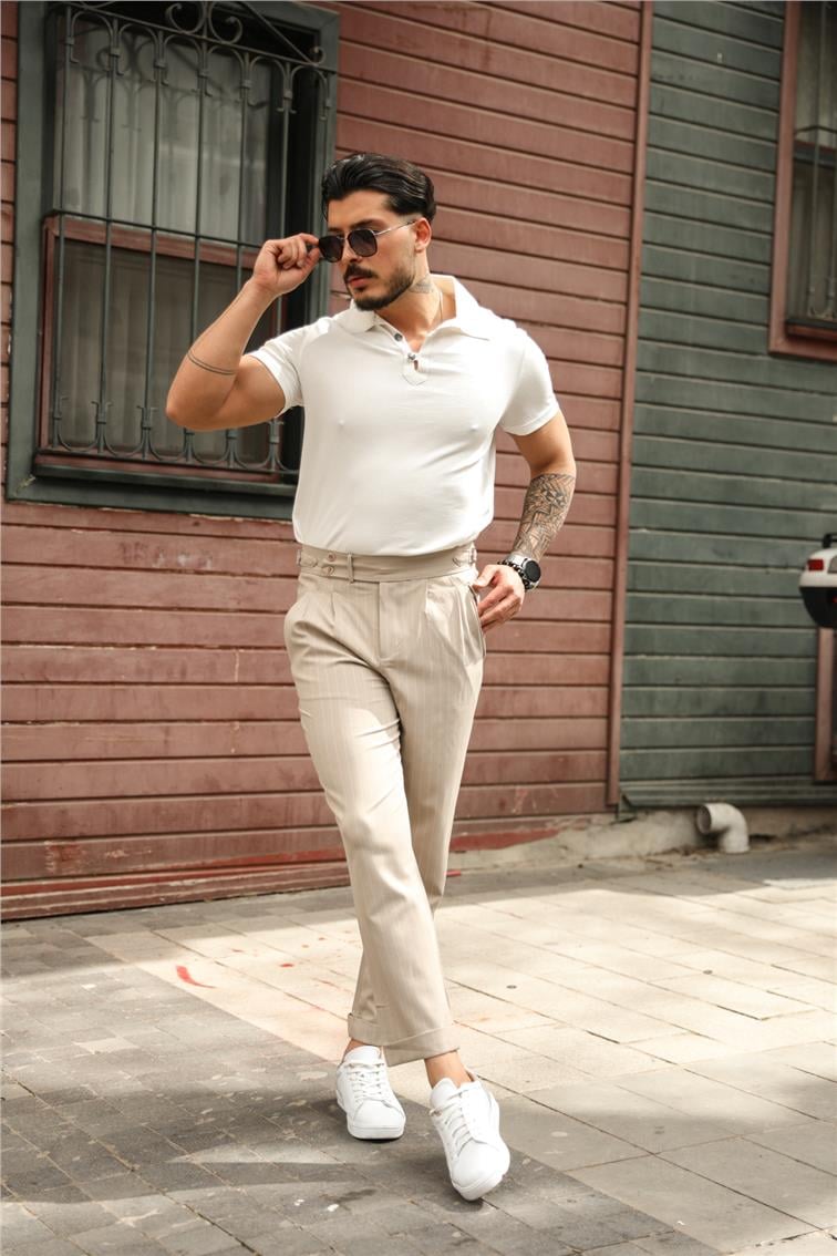 Çizgili Klasik Kalem Pantolon Bej
