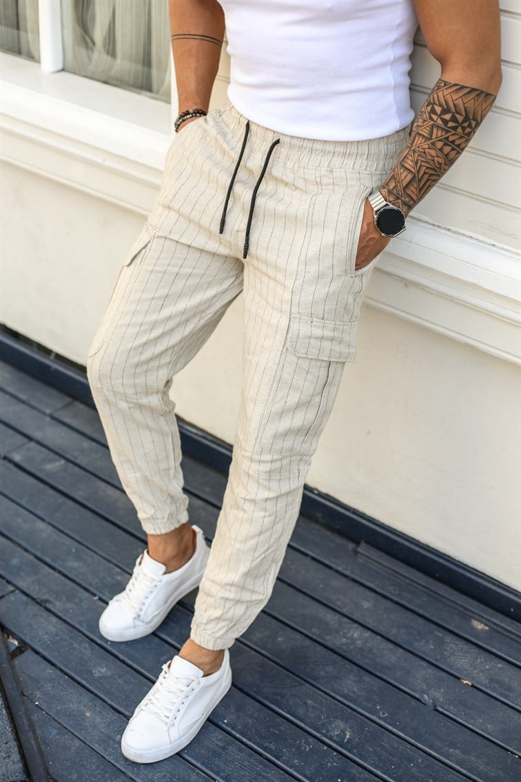 Çizgili Lastikli Keten Pantolon