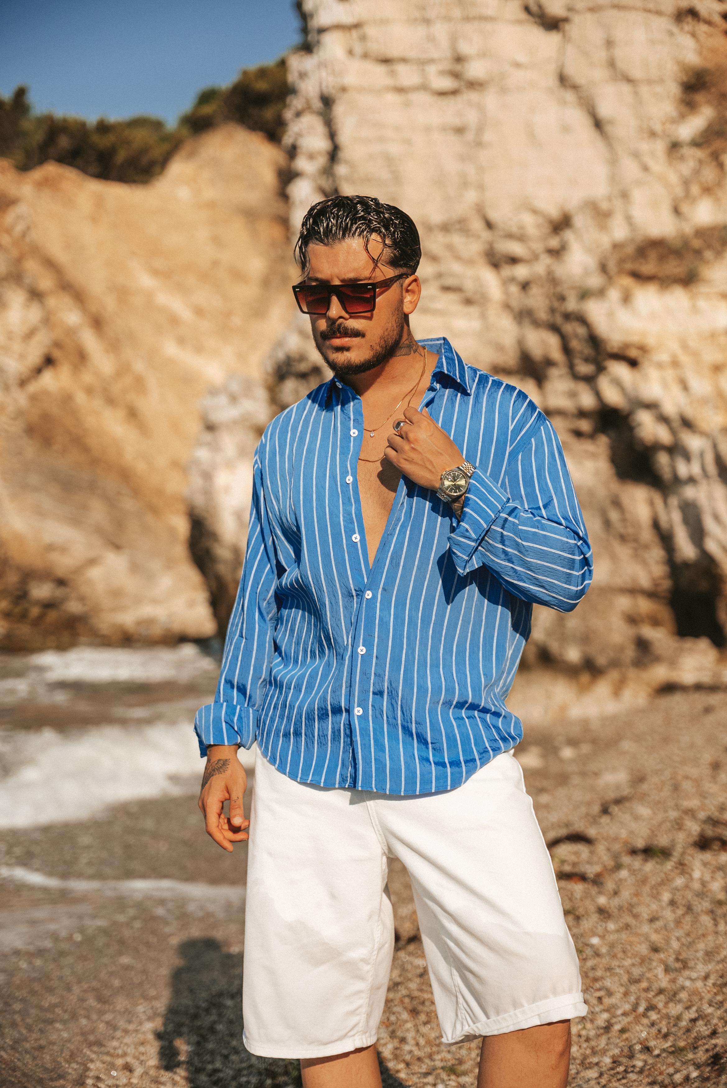 Çizgili Modal Oversize Gömlek Açık Mavi