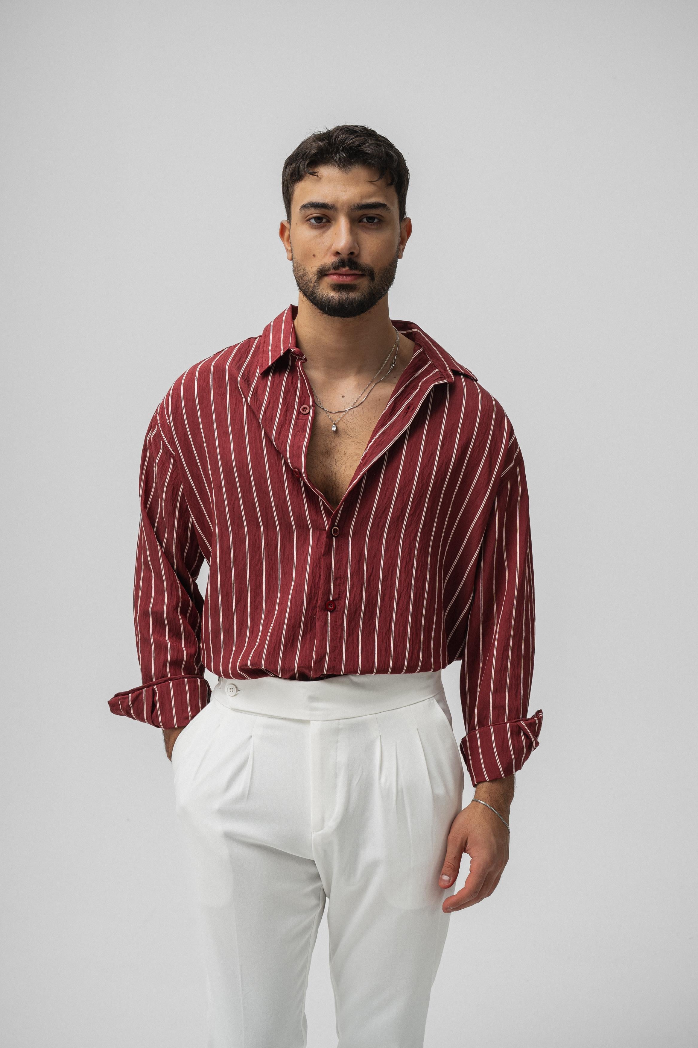 Çizgili Modal Oversize Gömlek Kırmızı