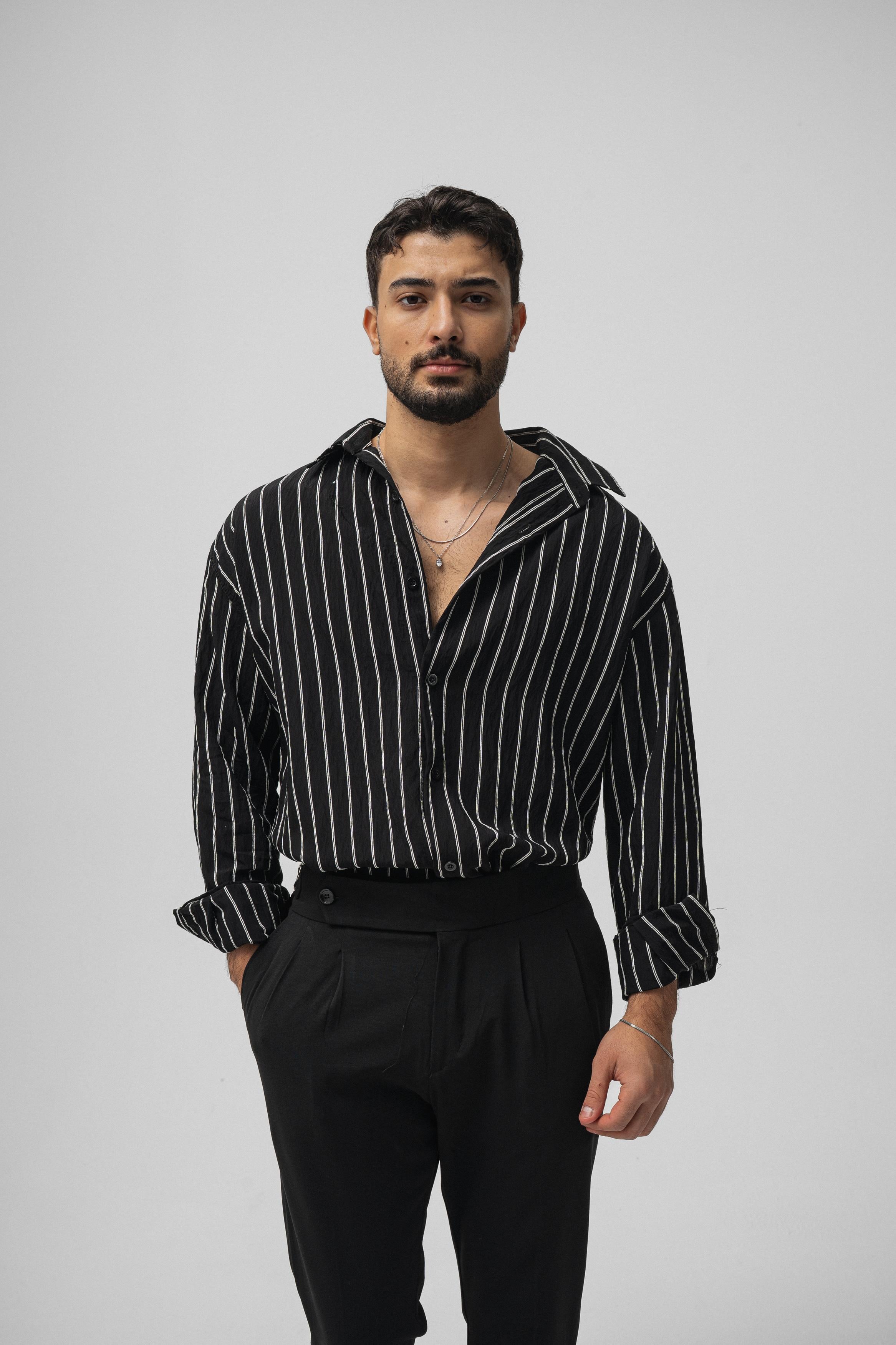 Çizgili Modal Oversize Gömlek Siyah