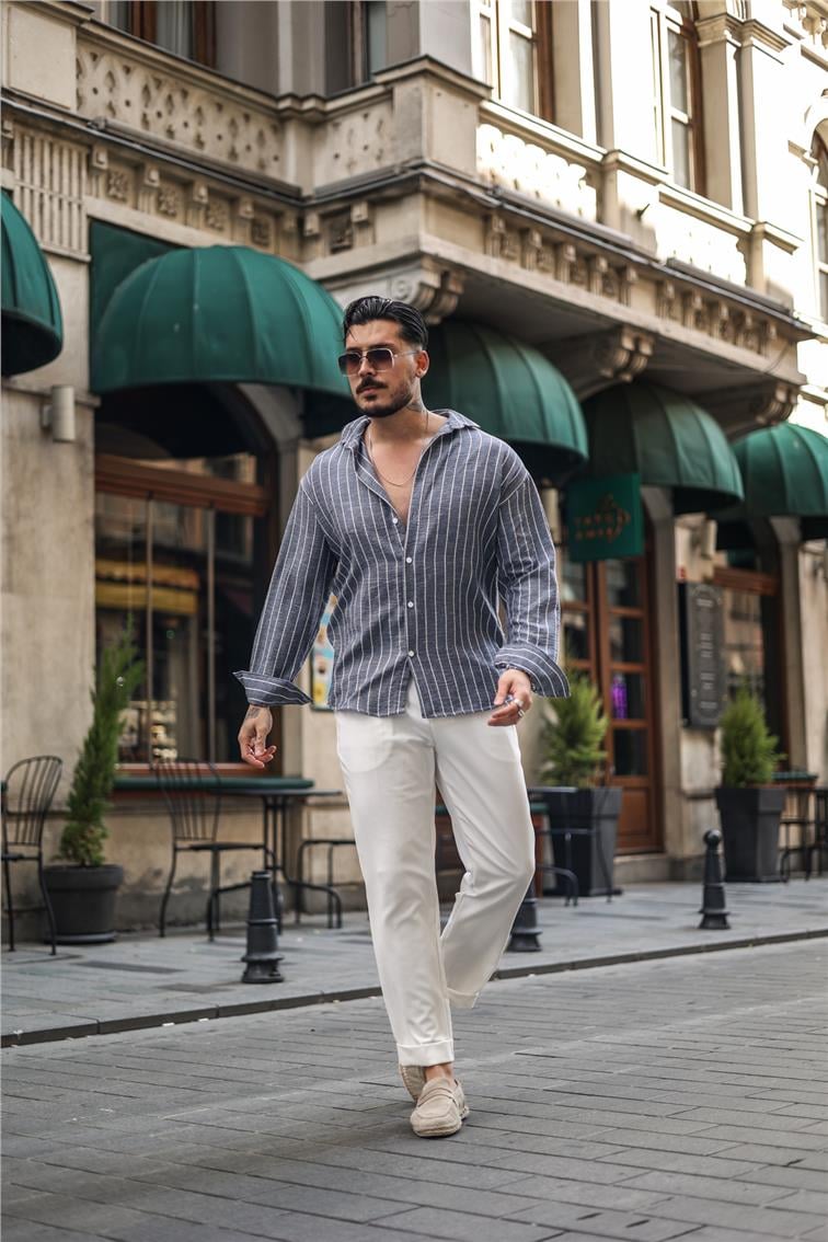 Çizgili Pamuklu Oversize Gömlek Füme