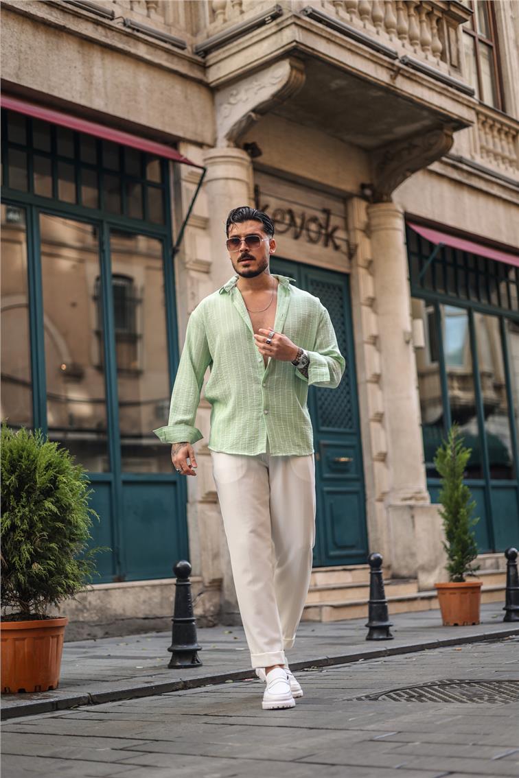 Çizgili Pamuklu Oversize Gömlek Su Yeşili
