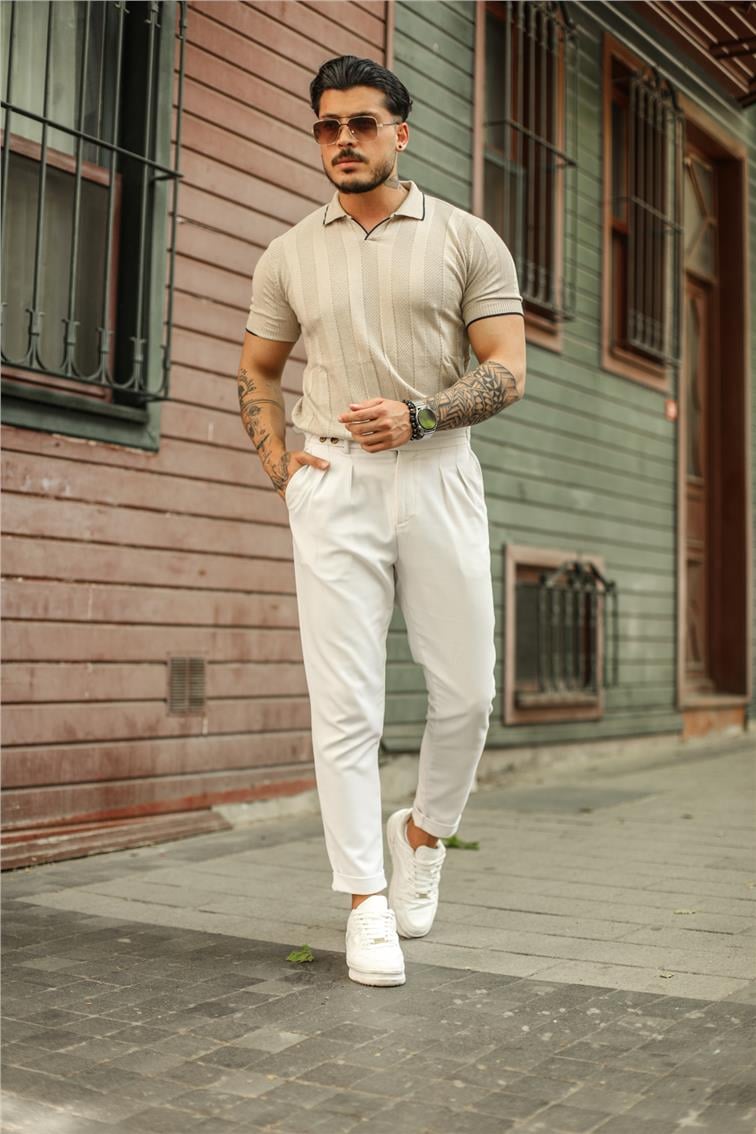 Çizgili Polo Yaka T-Shirt Bej