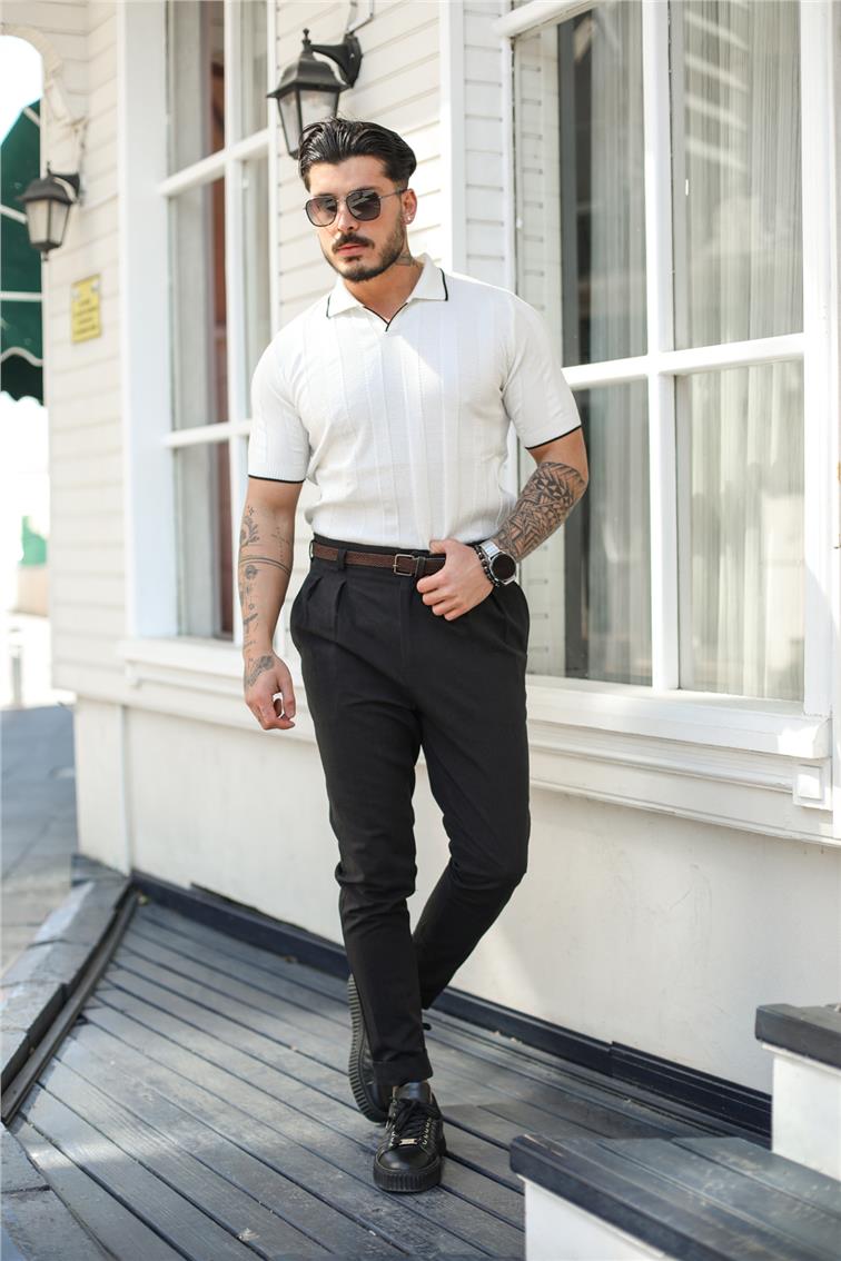 Çizgili Polo Yaka T-Shirt Beyaz