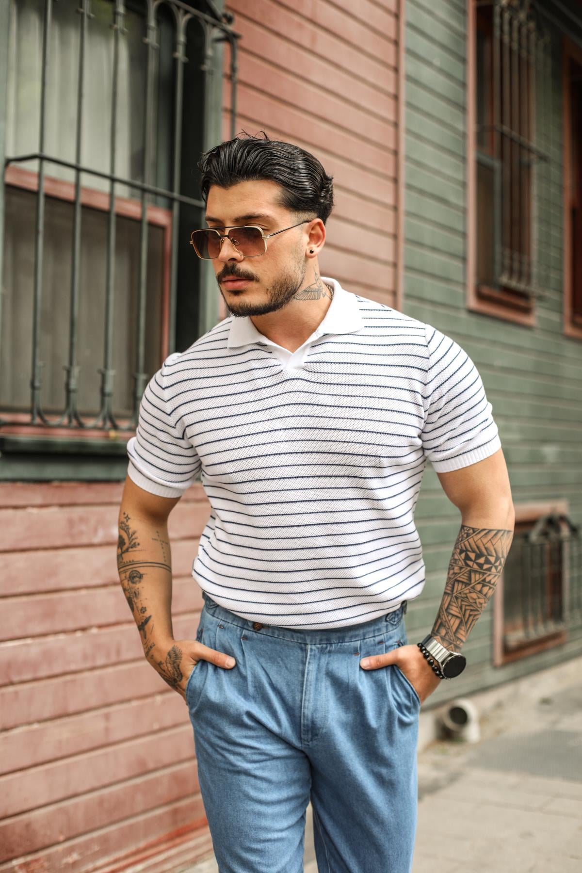 Çizgili Polo Yaka T-Shirt Beyaz