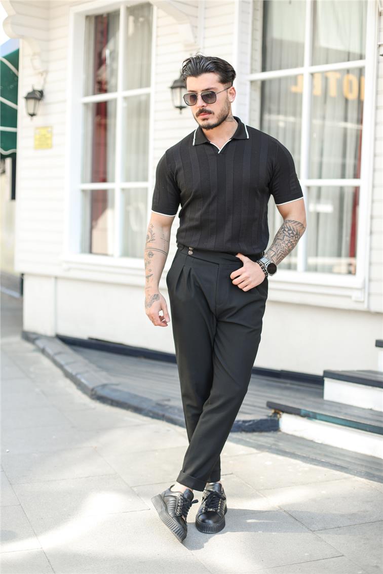 Çizgili Polo Yaka T-Shirt Siyah