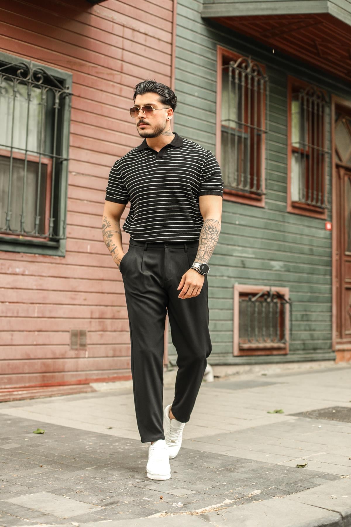 Çizgili Polo Yaka T-Shirt Siyah
