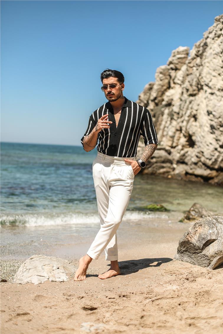 Çizgili Rahat Oversize Kısa Kol Gömlek Siyah