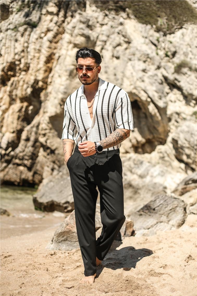 Çizgili Rahat Oversize Kısa Kol Gömlek Beyaz