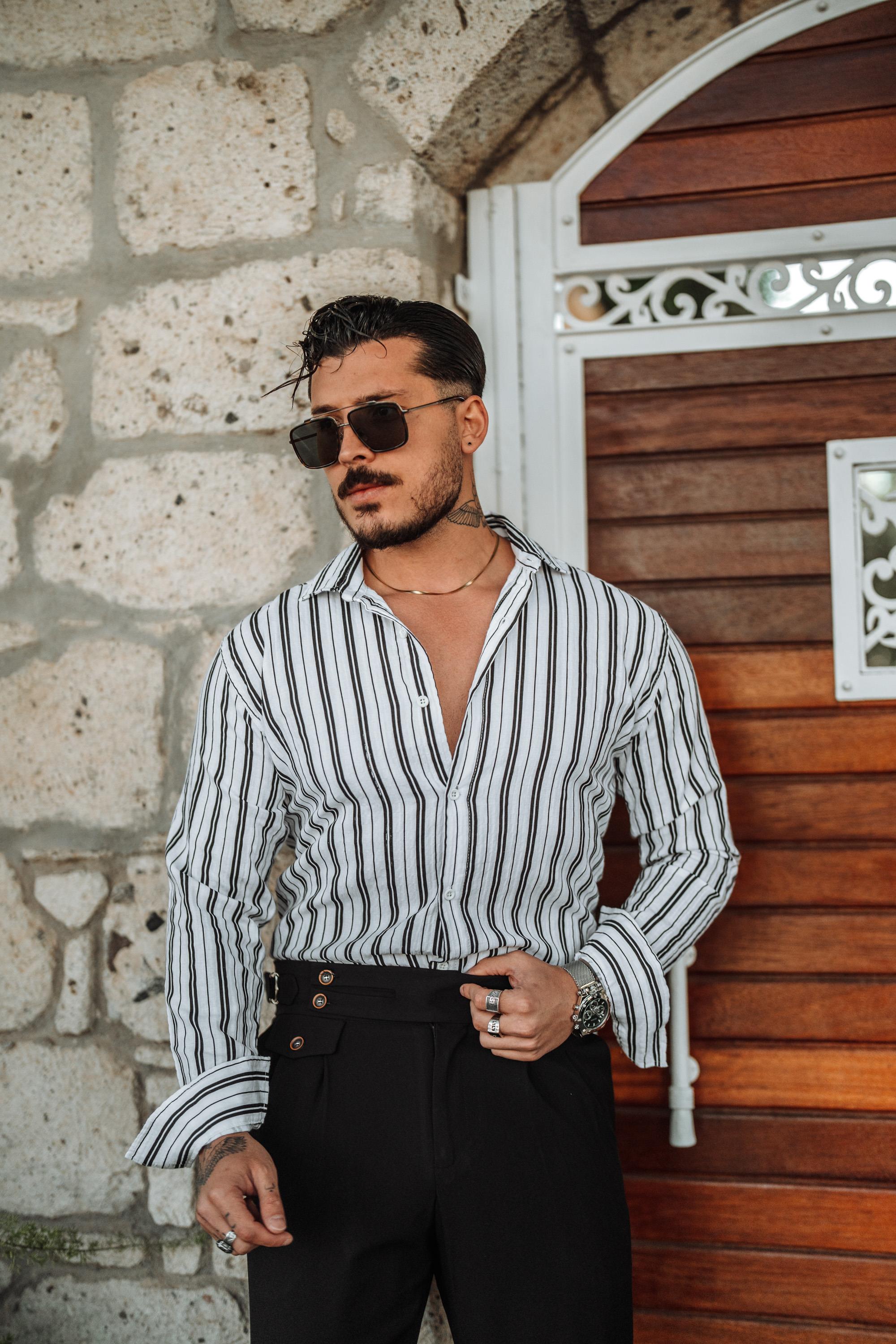 Çizgili Slim Fit Gömlek Siyah