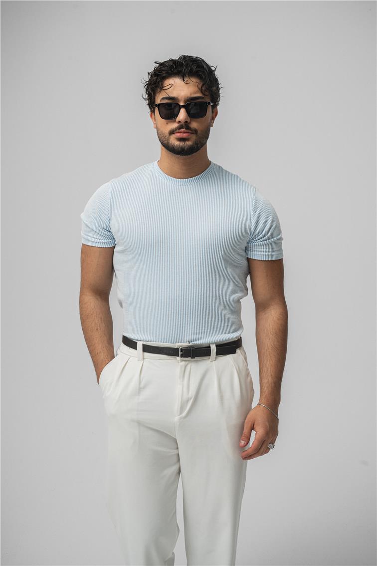 Çizgili Slim Fit T-Shirt Açık Mavi