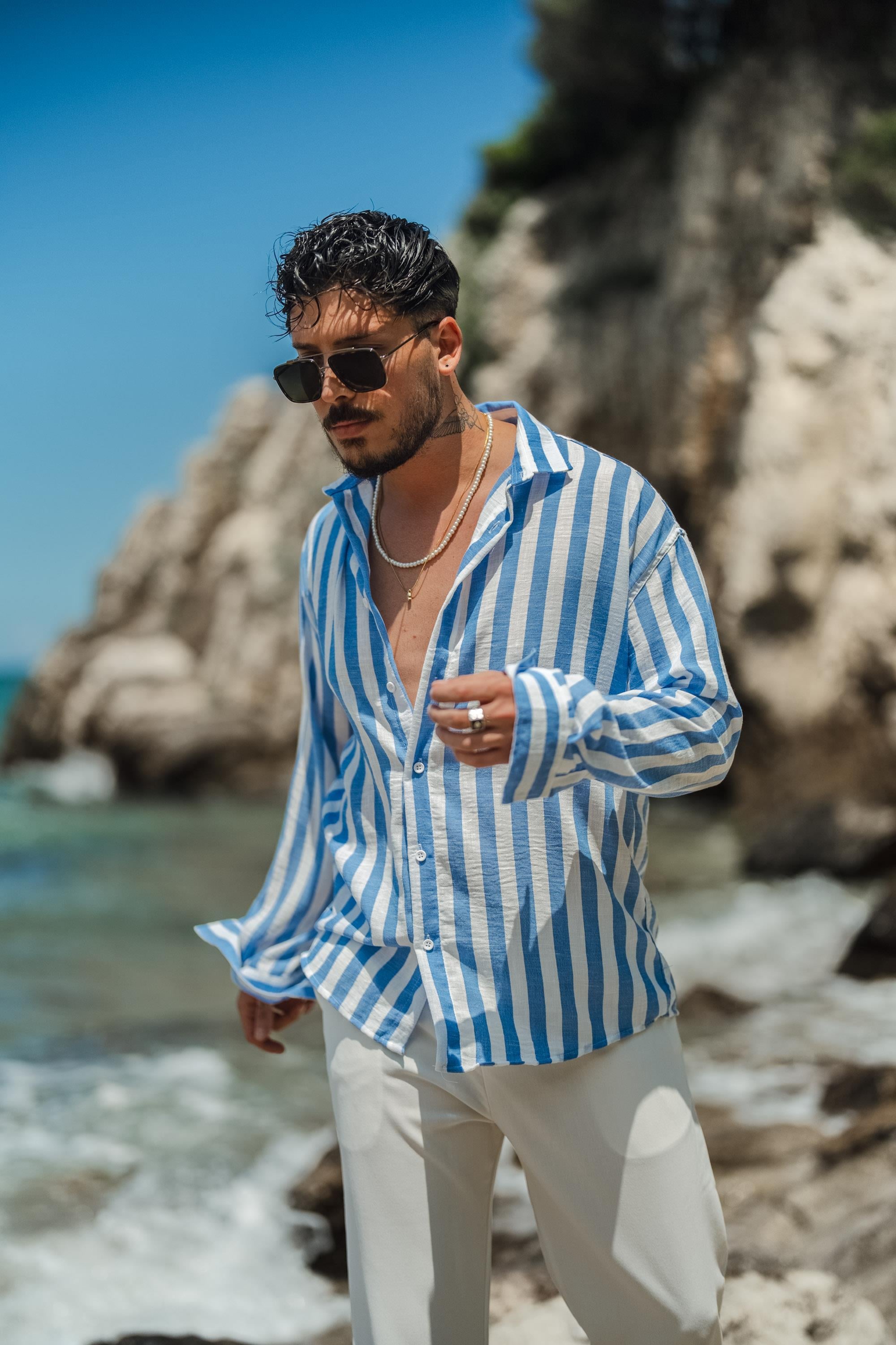 Çizgisi  Kalın Detaylı Oversize Gömlek Açık Mavi