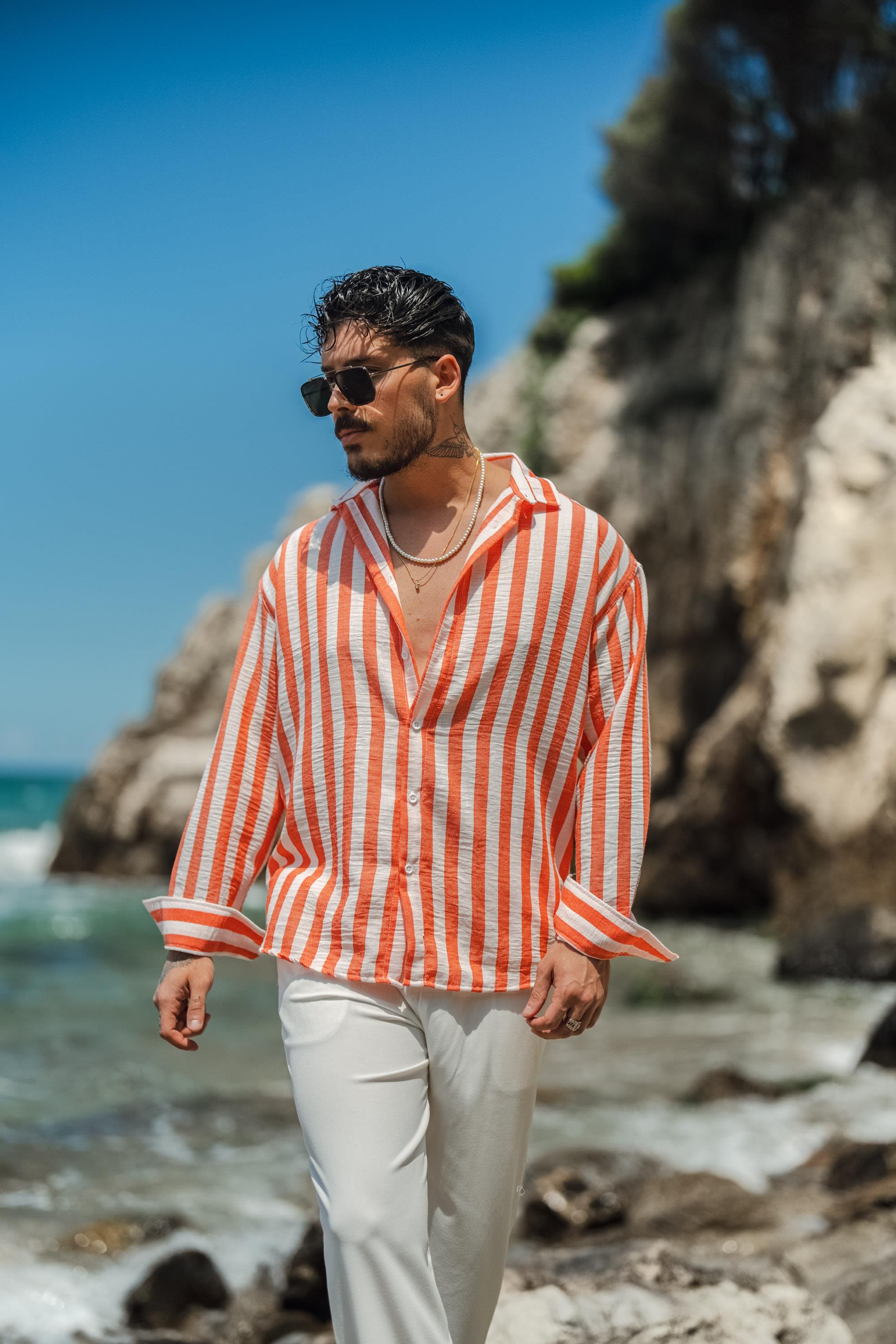 Çizgisi  Kalın Detaylı Oversize Gömlek Turuncu