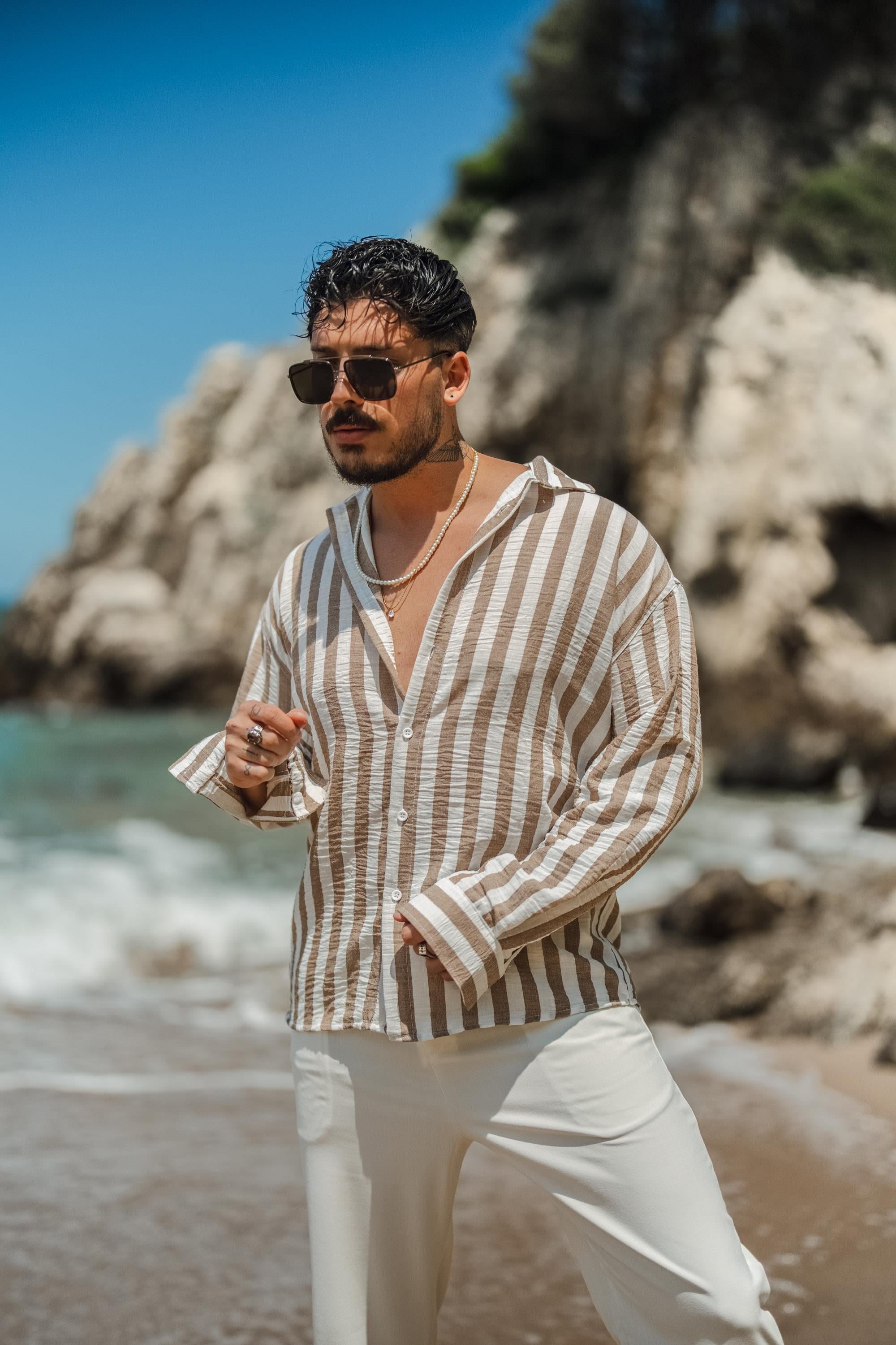 Çizgisi  Kalın Detaylı Oversize Gömlek Kahve