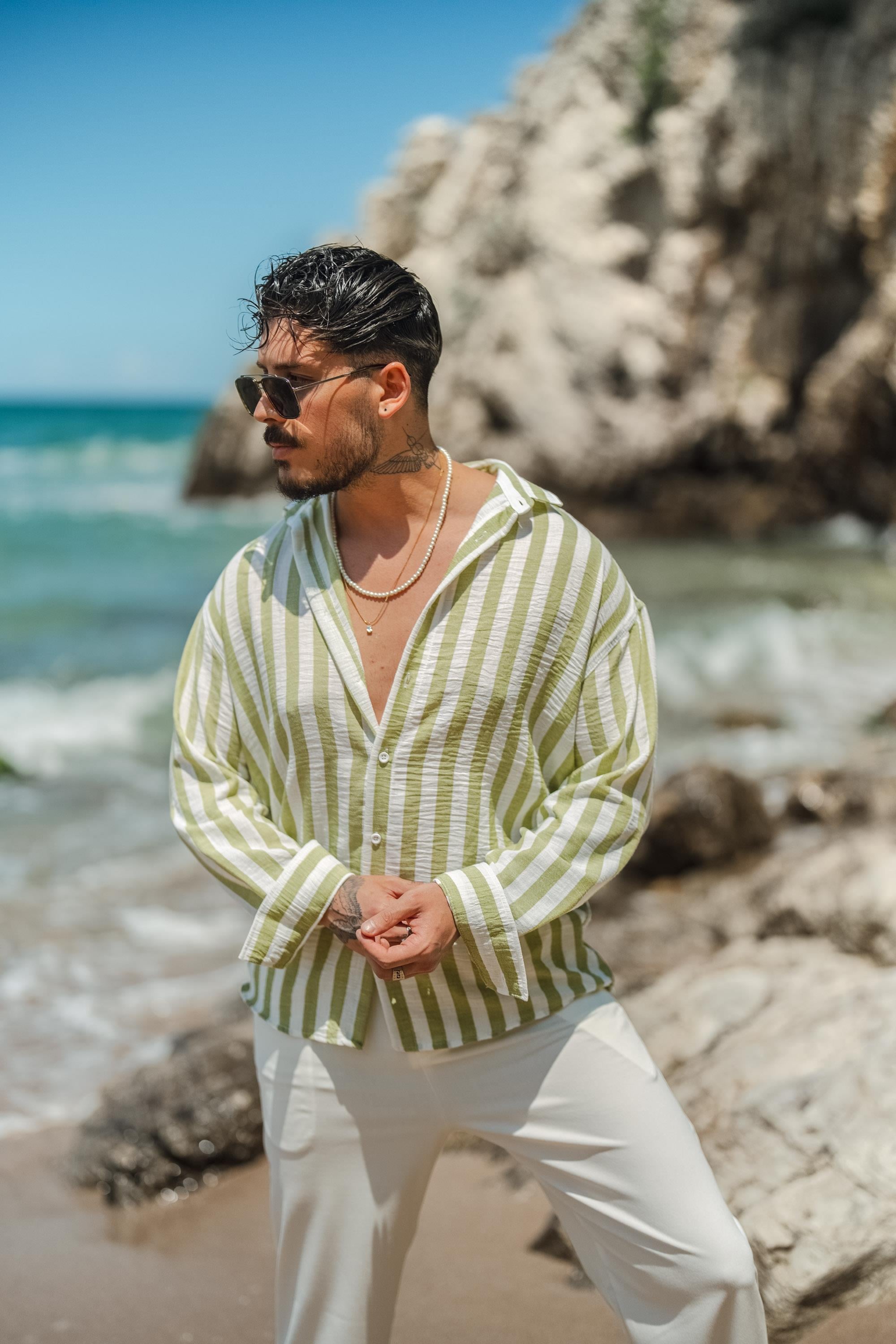 Çizgisi  Kalın Detaylı Oversize Gömlek Fıstık Yeşiili