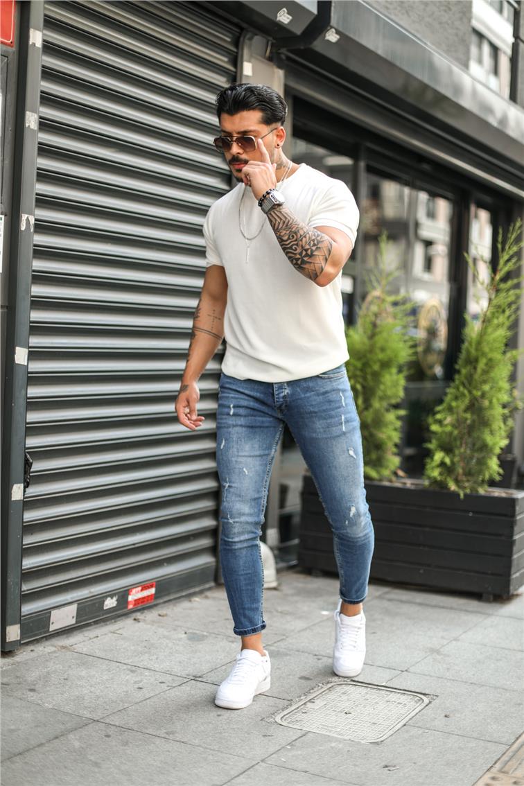 Çizik Taşlamalı Skinny Jean Yıkamalı Mavi