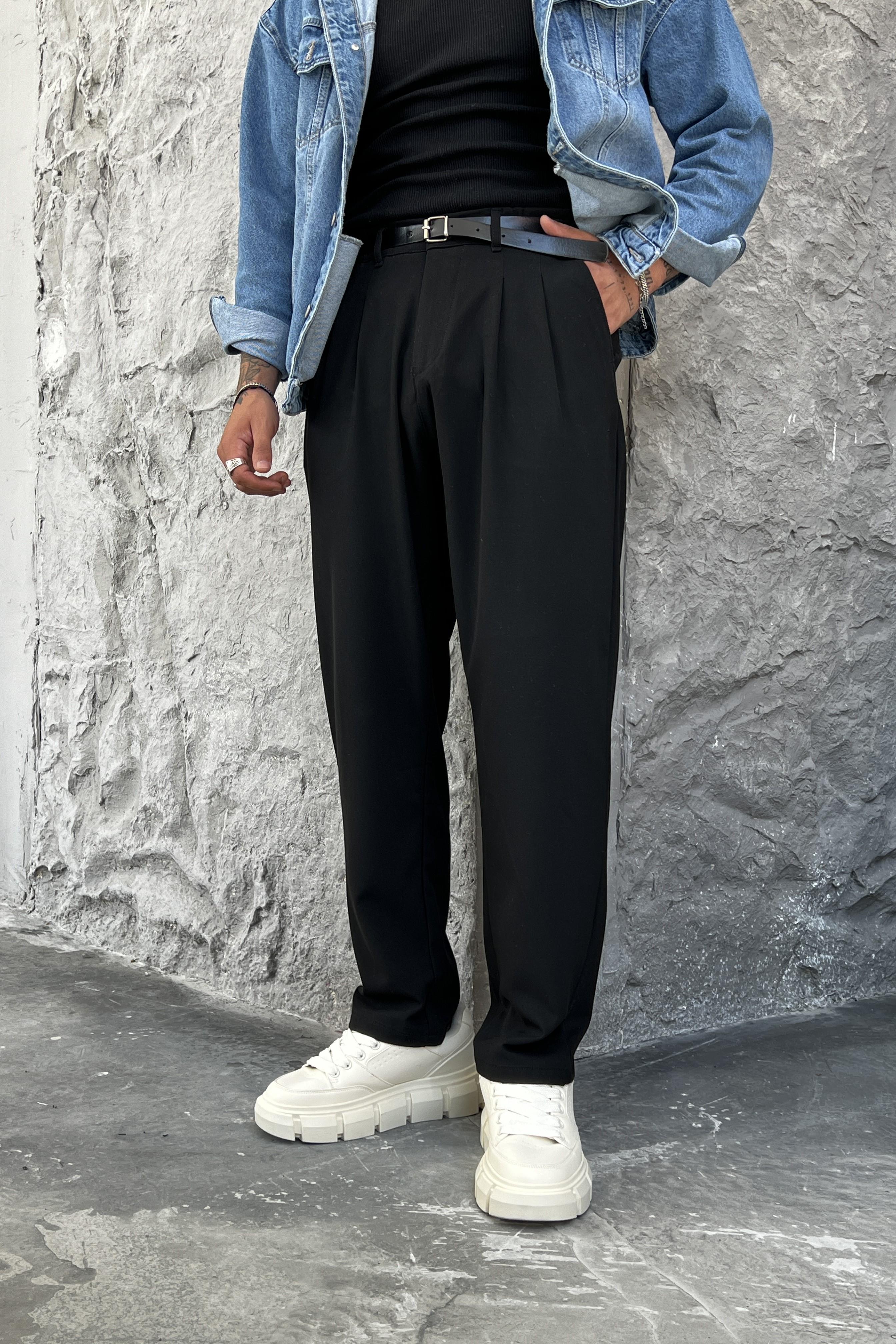 Classic Wide Pleated Baggy Pantolon Siyah