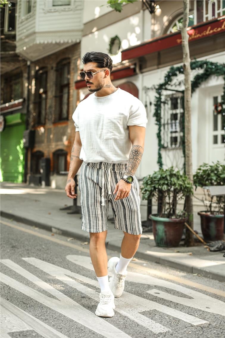 Çok Çizgili Keten Şort Siyah