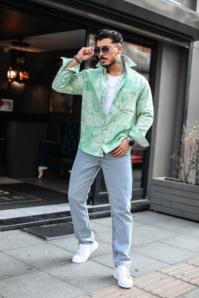 Çoklu Motif Detaylı Oduncu Oversize Gömlek