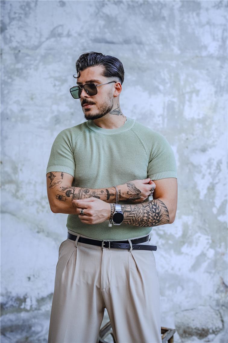 Dar Kalıp Orgülü Triko T-Shirt Mint