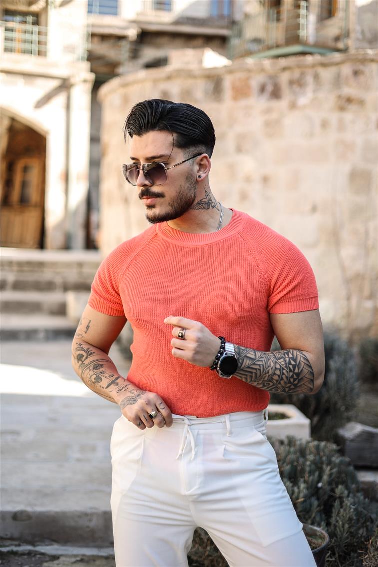 Dar Kalıp Örme Basic Triko T-Shirt Turuncu