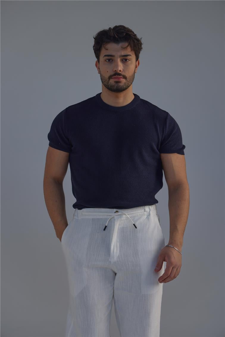 Dar Kalıp Örme T-Shirt Lacivert
