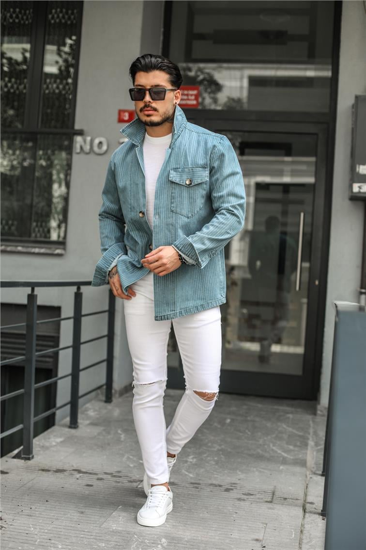 Denim Çizgili Ceket Açık Mavi
