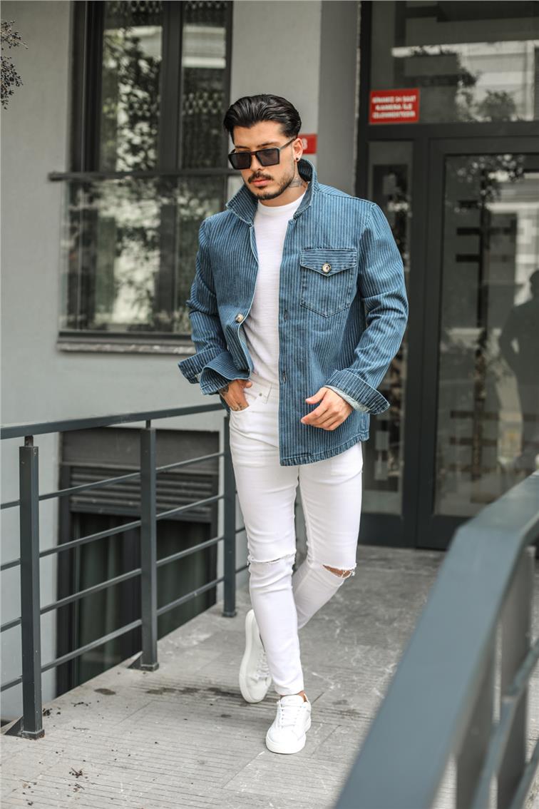 Denim Çizgili Ceket Koyu Mavi