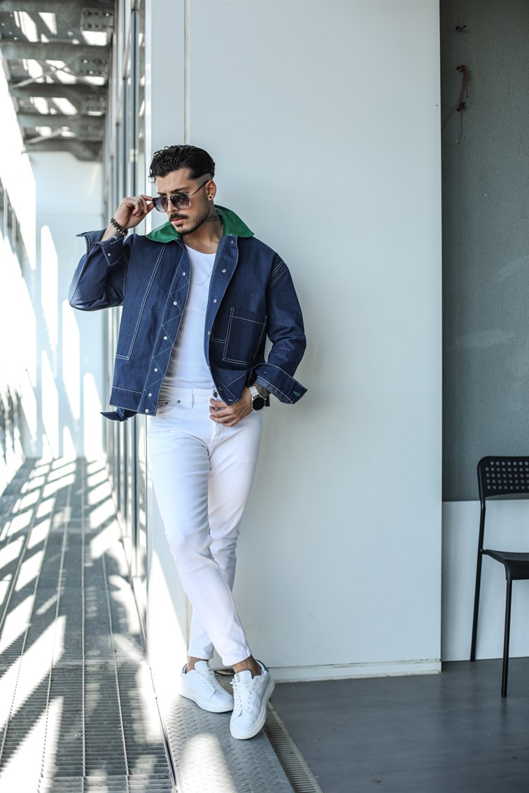 Denim Yaka Detaylı Oversize Ceket